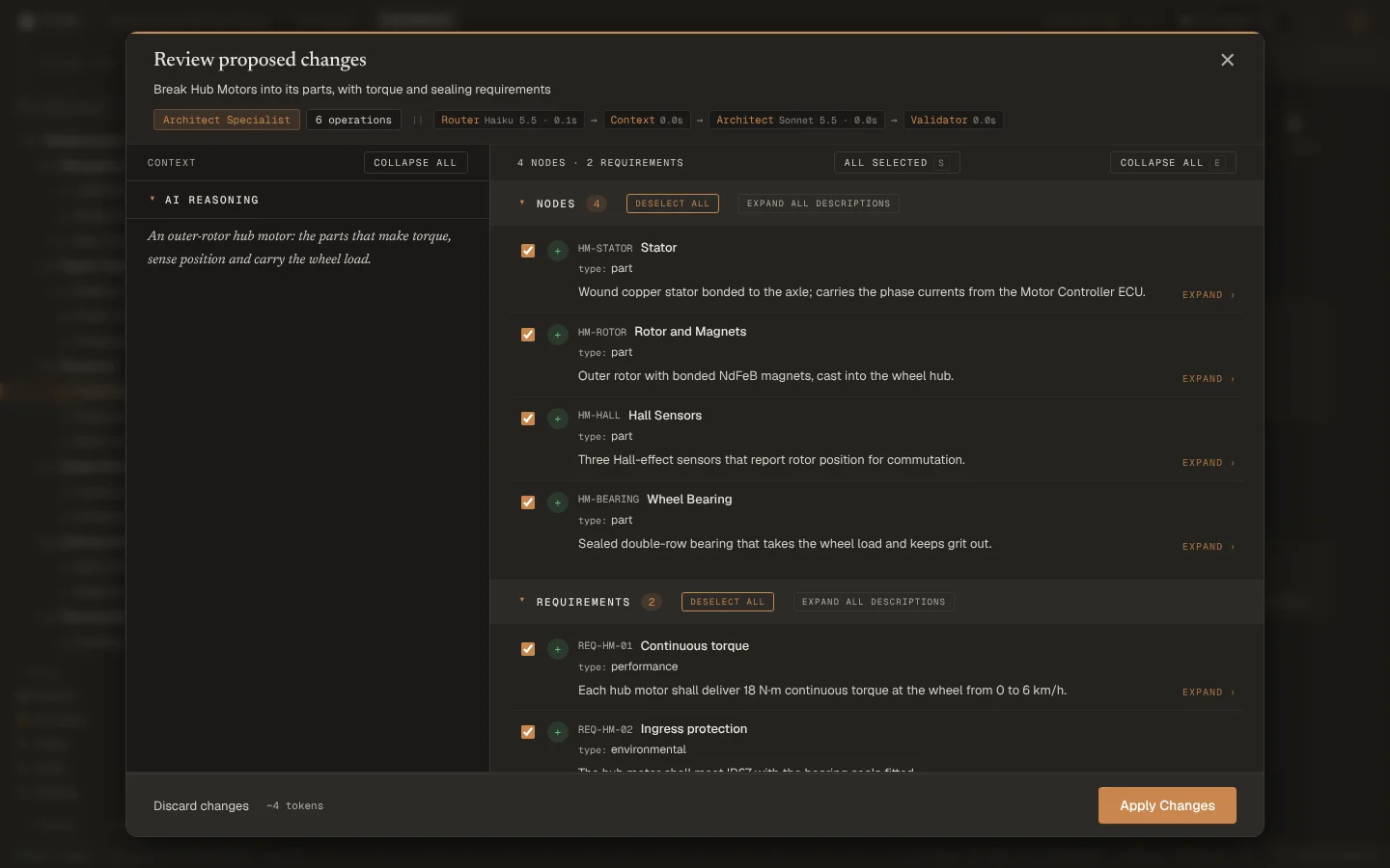 Change Review: a proposal to break Hub Motors into four parts with two requirements, each ticked.