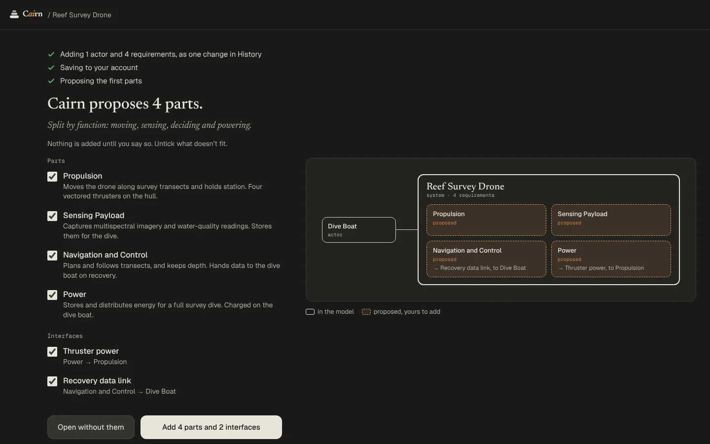 The first proposal: four parts and two interfaces, each with a tick box, drawn into the system.
