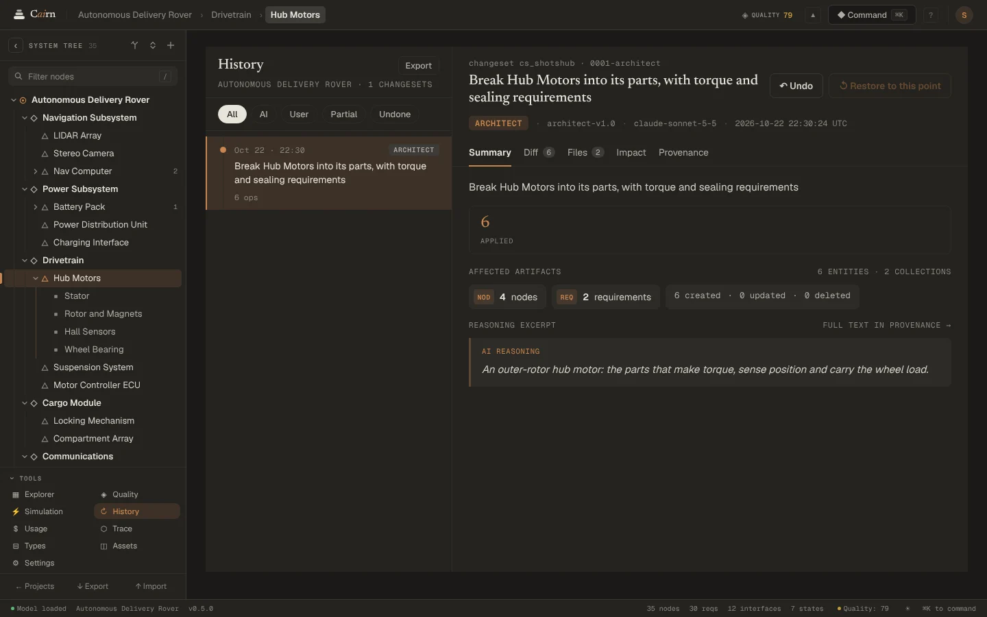 History: the applied change with its summary, counts and the AI's reasoning, and buttons to undo or restore.