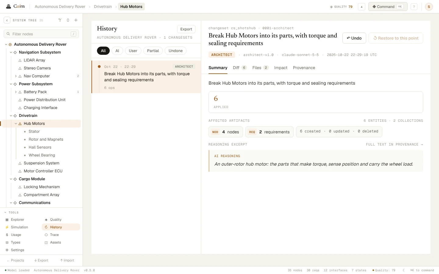 History: the applied change with its summary, counts and the AI's reasoning, and buttons to undo or restore.